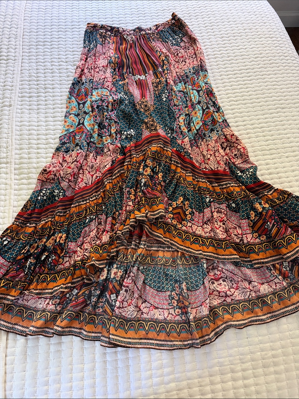 Boho Tiered Maxi Skirt in Multicolor Floral Print
